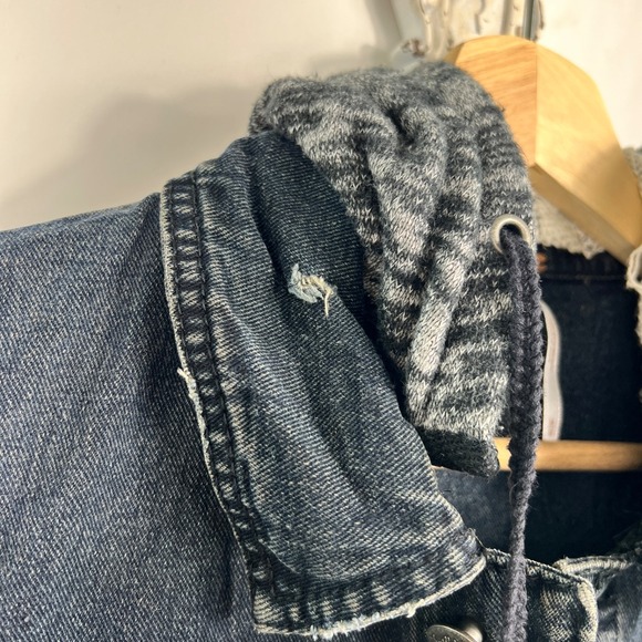 Free People Size M Dark Hooded Knit Denim Jean Jacket - Picture 7 of 15